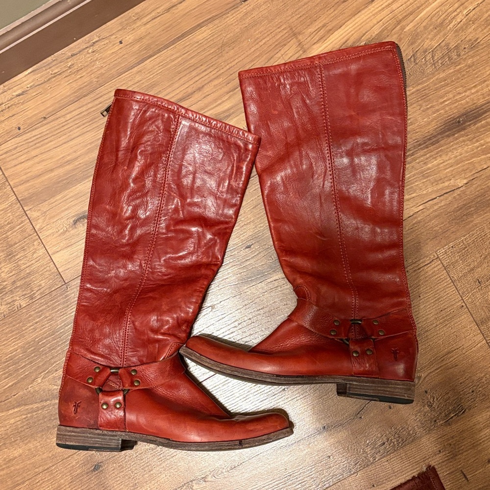Women's FRYE Phillip Harness Red Burnt Leather Boot 9.5 Back Zip Vintage Rare